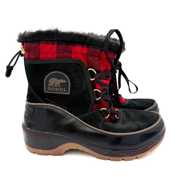 Sorel Tivoli Red & Black Buffalo Plaid Winter Boots Size 9 - Picture 1 of 7